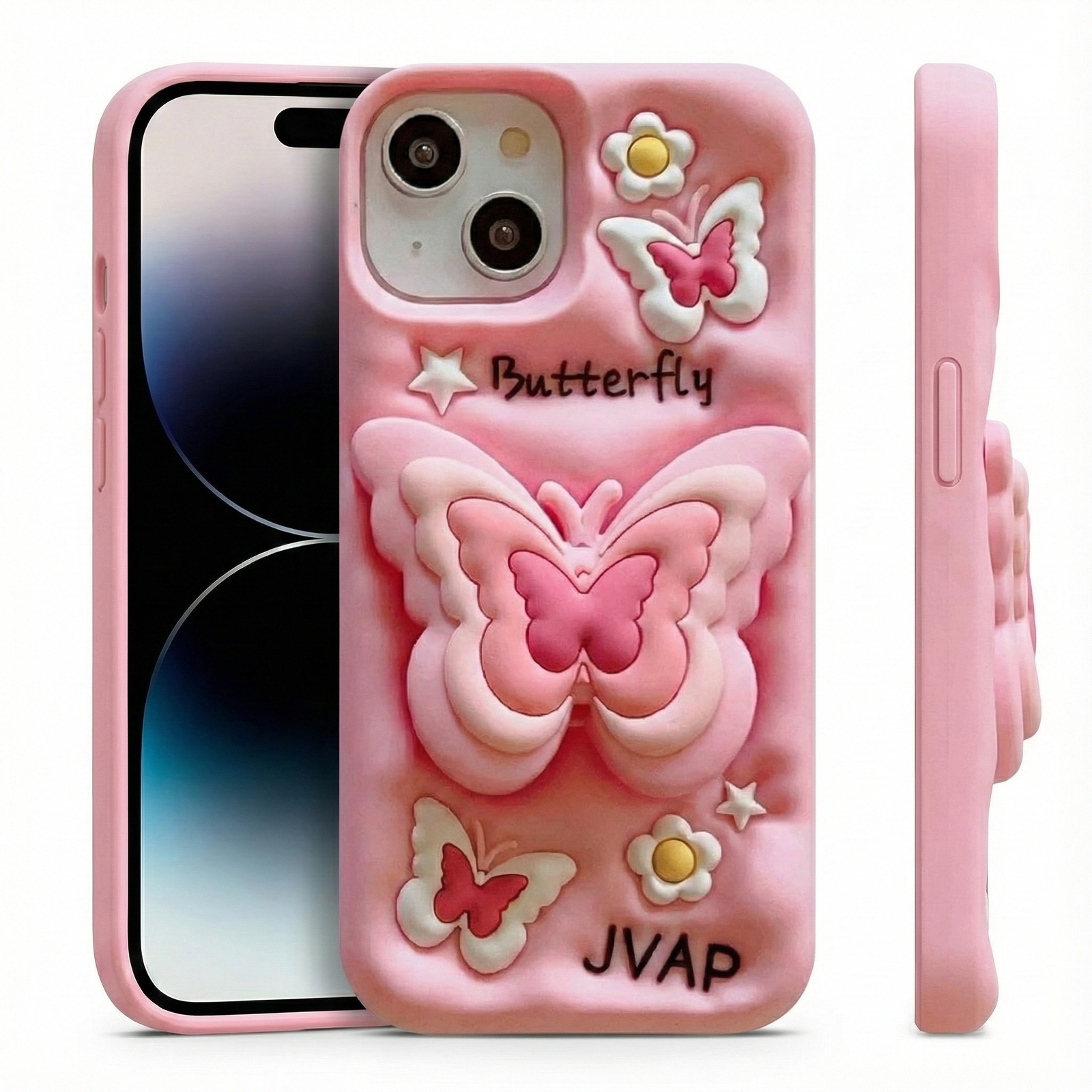 3D  Pink Butterfly IPhone Case Compatible with IPhone 14 Pro Max /15 Pro Max Korean style.